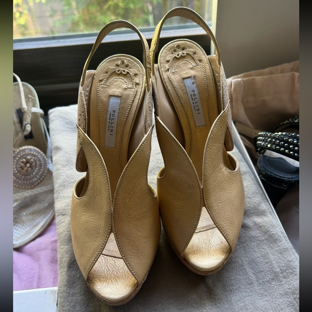 Pollini Gold and Cork Slingback Heels